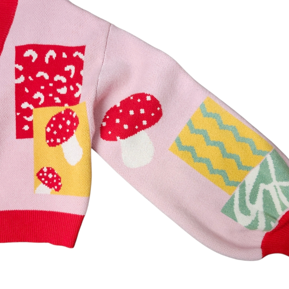 Cider Pink Red Multicolor Mushroom Patchwork Cardigan - Picture 5 of 6